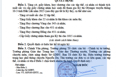 QUYẾT ĐỊNH Về việc khen thưởng cho các tập thể và cá nhân có thành tích xuất sắc tại Kỳ thi Olympic truyền thống 10-3 tỉnh Đắk Lắk năm 2025